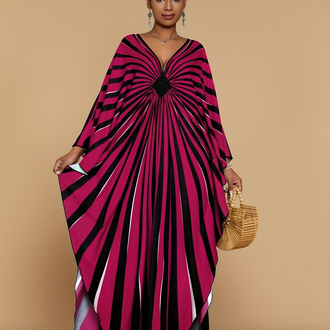 Plus Size - Bohemian Stripe Print Kaftan Dress for Women - V-Neck, Half Sleeve, Long Length, Lightweight Polyester, Perfect for Beach Coverup & Casual Vacation, Plus Size, Spring/Summer/Fall Wear, Beach Dress