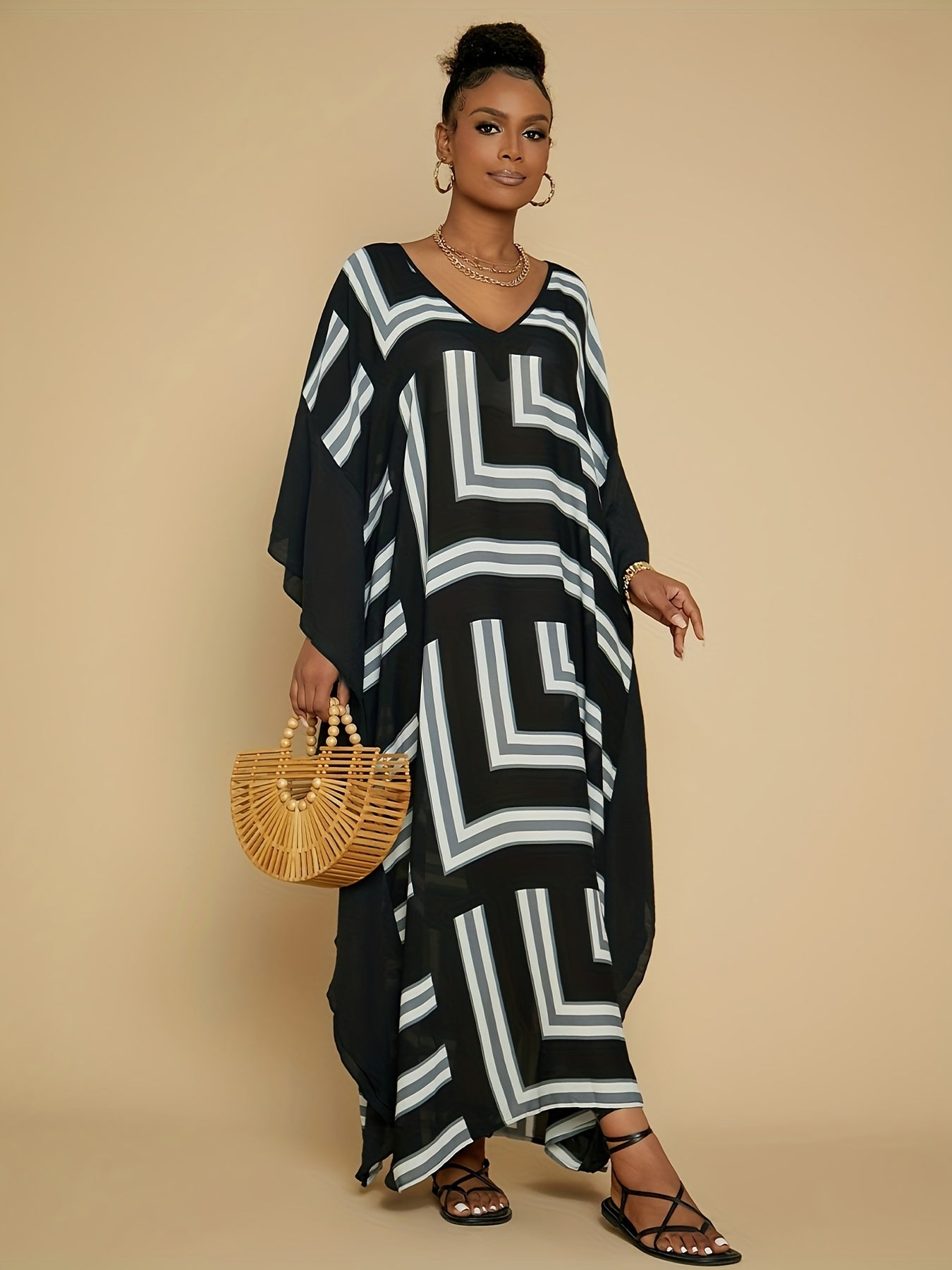Women's Bohemian Kaftan Swimsuit Cover Up - Lightweight Geometric Print Maxi Dress for Beach & Pool, Machine Washable Summer Swimwear Cover-Up, Black, Bathing Suit Cover Up, Poolside Apparel, Soft Drape Material, Flowy Fabric