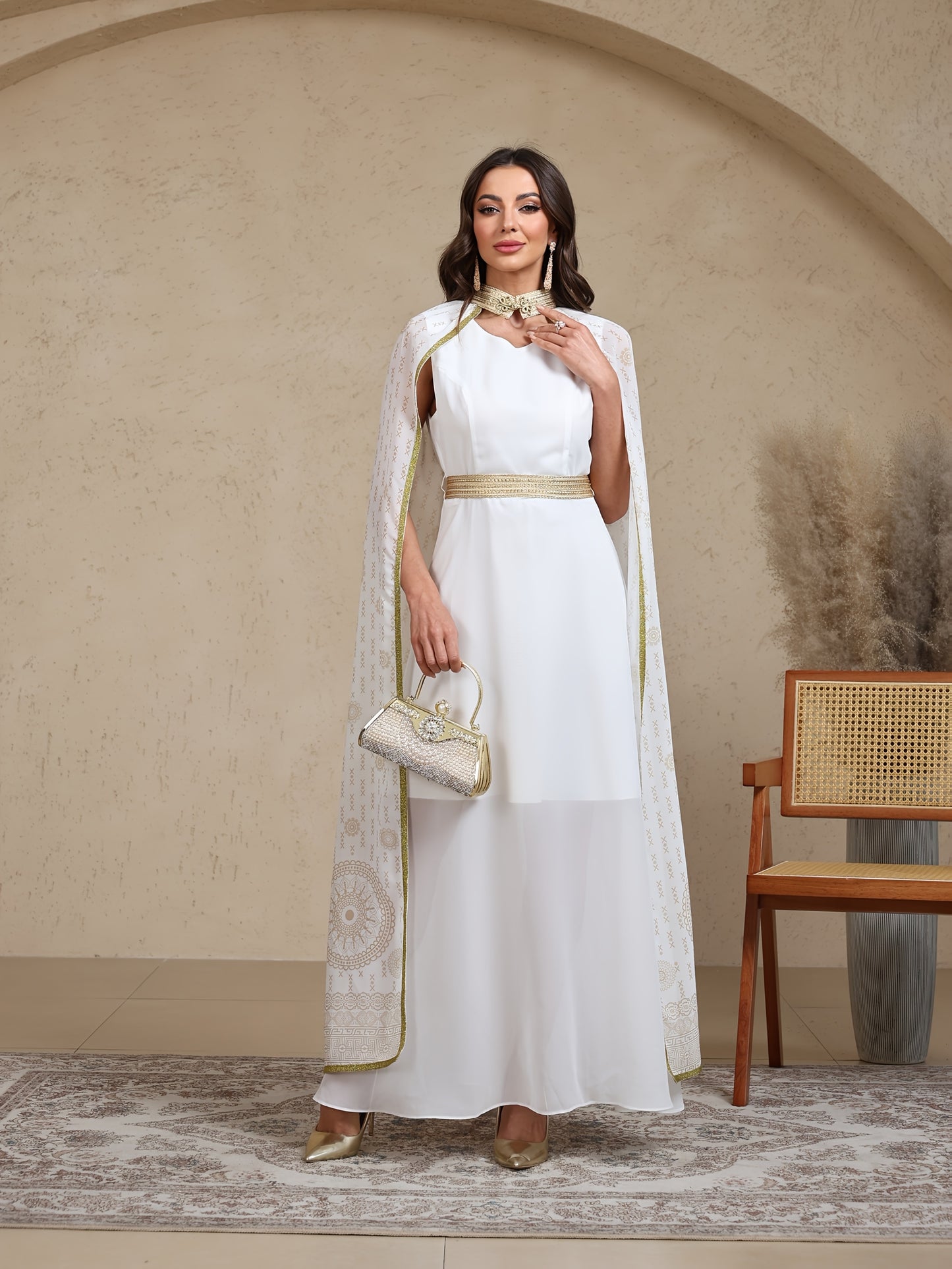Middle East Dubai Arabic Rubbing Disc Full Print High Waist Two Piece Shawl Long Modern Abaya