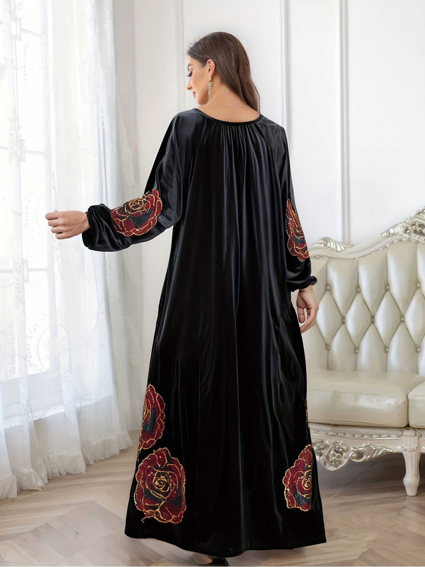 Rhinestone Robe Muslim Islamic Pakistani/Turkish Women's Rhinestone Abaya with Garden Collar Eid Ramadan Dubai Fashion Turkish Malay Long Skirt