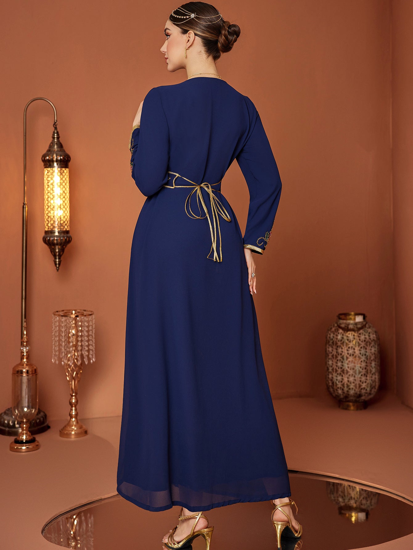 Elegant Navy Blue Embroidered Abaya Dress with Golden Accents and Belt - Long Sleeve, V-Neck, Polyester, Perfect for Spring/Summer, Women's Fashion, Elegant Event Attire|Vneck Dress|Polyester Fabric
