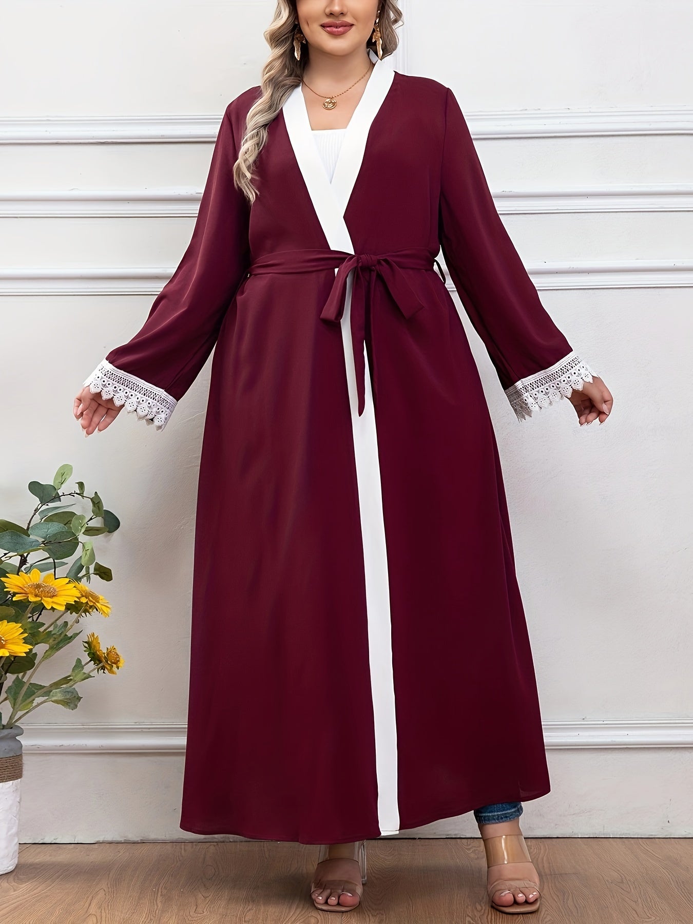Plus Size Elegant Lace Trim Belted Kaftan Coverup - Stylish Open Front Abaya, Long Sleeve, Flowy Design, Comfortable Wear - Women's Plus Size Clothing for Beach, Pool, or Resort