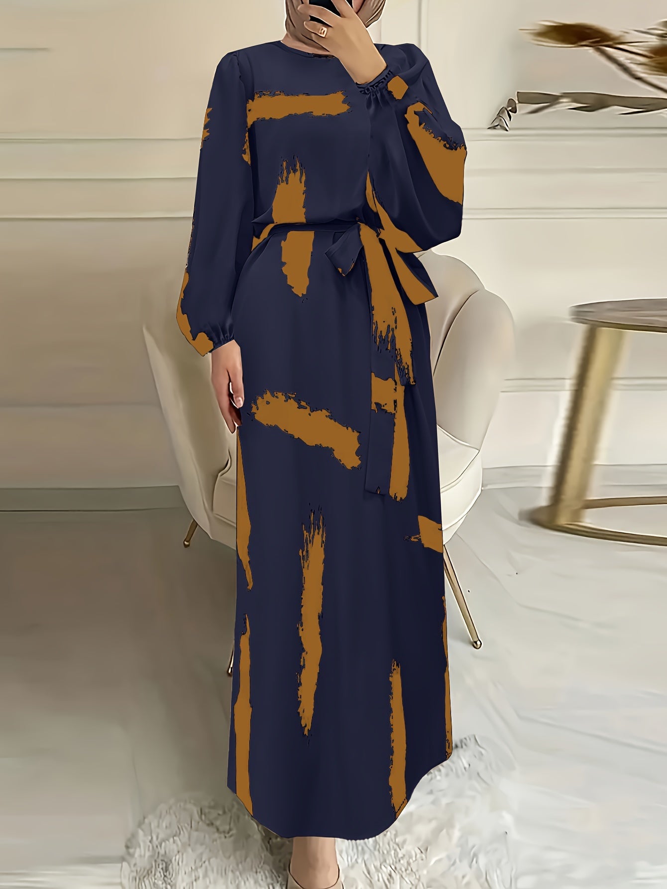 Navy Blue & Orange Print Women's Arabic Traditional Kaftan Abaya Dress | Long Sleeve Knee-Length Machine Washable Fitted Silhouette for Modest All-Season Wear, Middle Eastern Attire