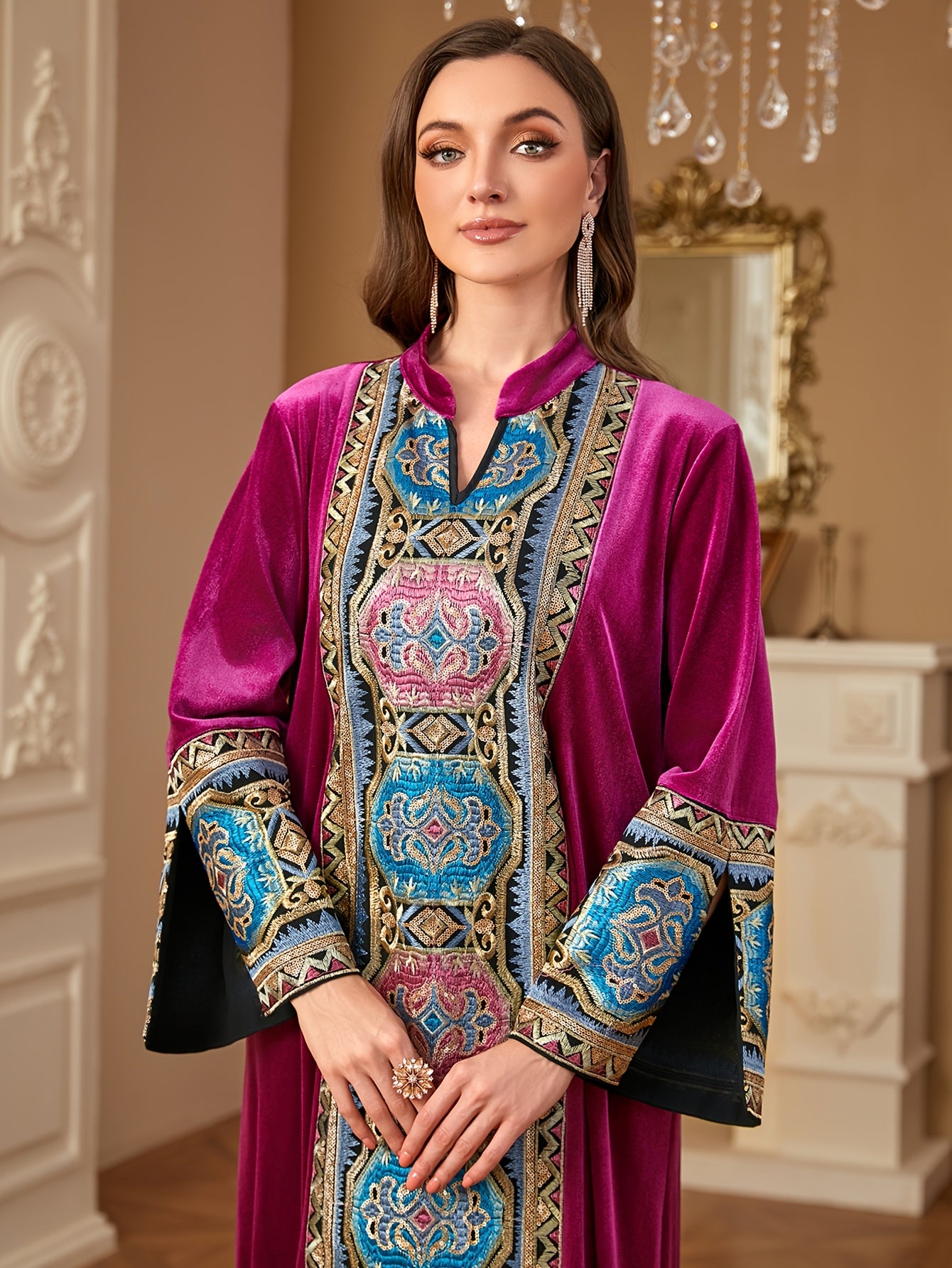 Women's Middle Eastern-Inspired V-Neck Long Sleeve A-Line kaftan Abaya - Burgundy with Multicolor Embroidery, Loose Fit Floor-Length Traditional Elegance for Autumn/Winter, Machine Washable
