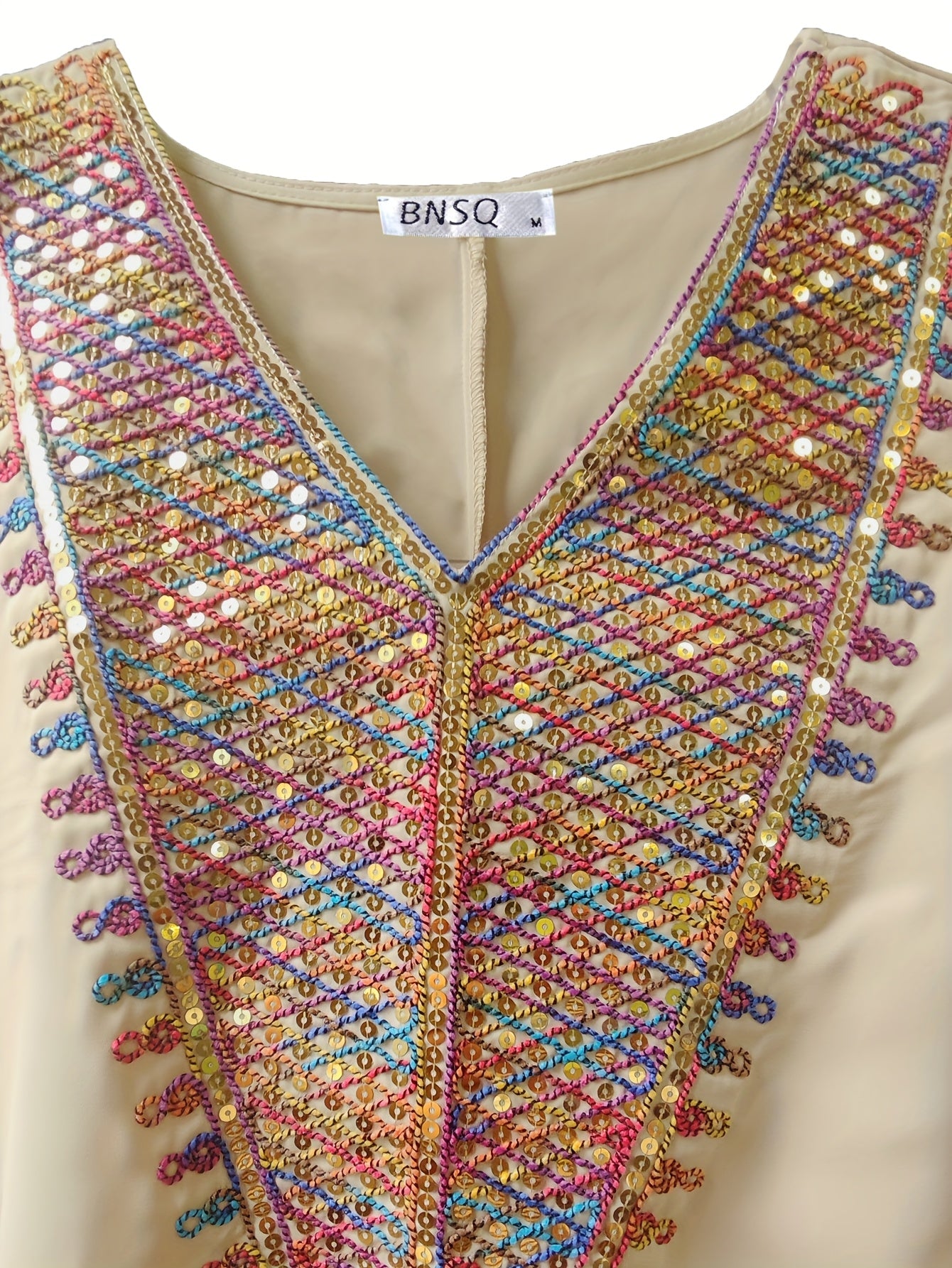 Elegant V-Neck Long Sleeve Kaftan Abaya with Sequin Detail - Polyester, Non-Stretch, Regular Fit for All Seasons