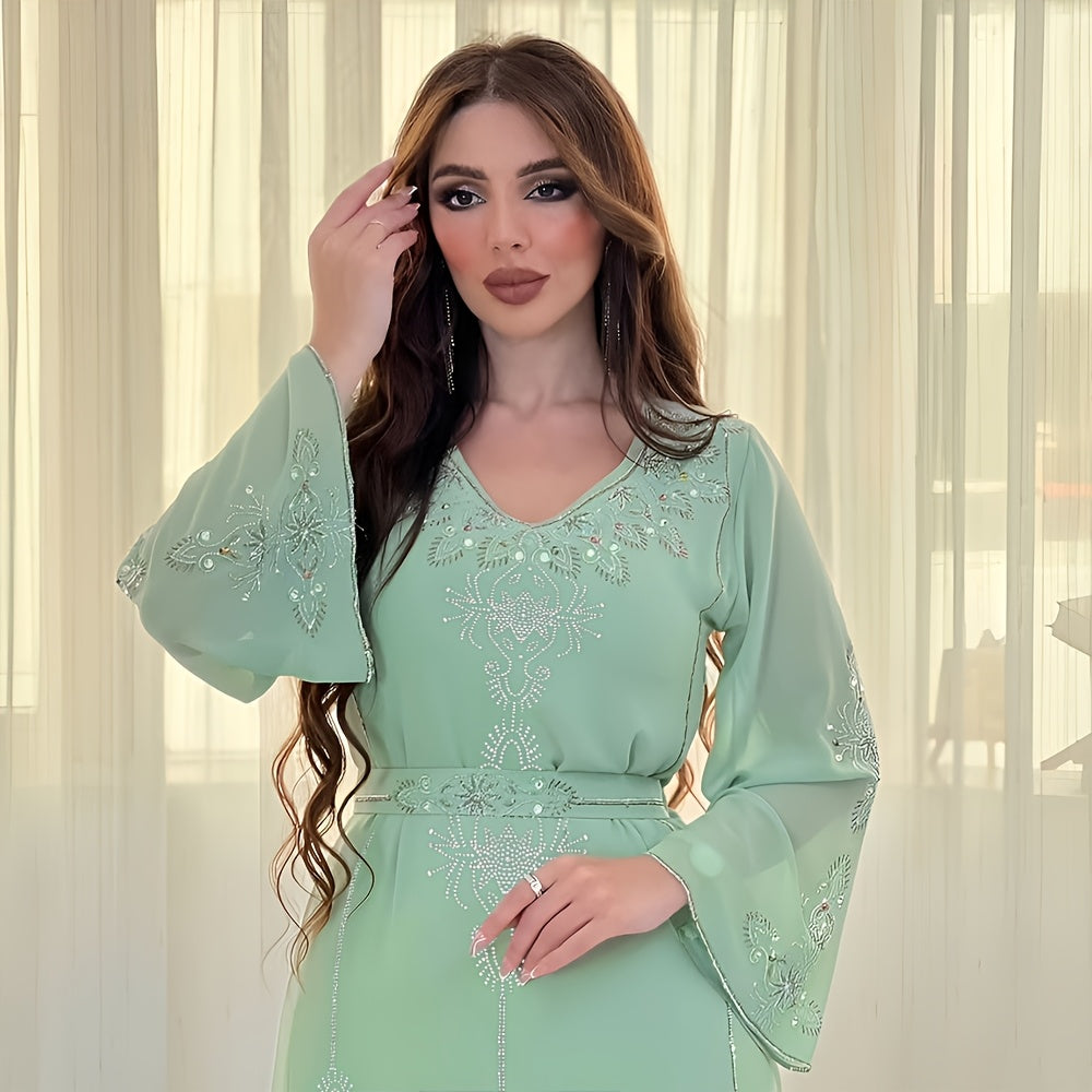 Elegant Rhinestone Embellished Chiffon Dress - Summer Long Robe for Women, Polyester, Machine Washable, Middle Eastern Style Palestinian Abaya