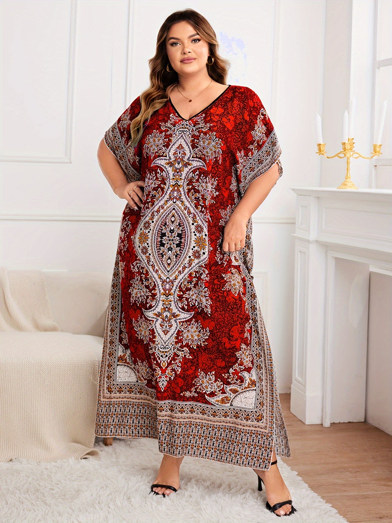 Plus Size, European and American Plus Size Women's Bohemian Vacation Dress with Middle Eastern Kaftan Abaya Style
