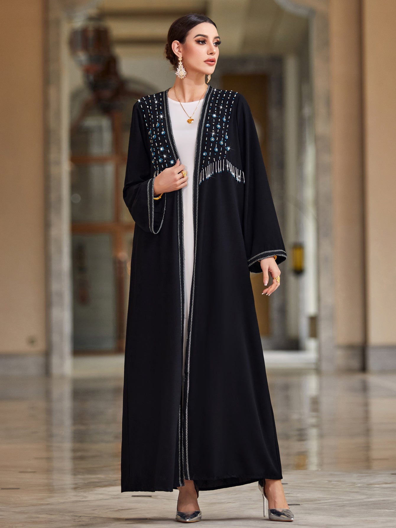 Elegant Black Rhinestone Embellished Maxi Dress for Women - Sleeveless, Open Front Abaya, High-Low Hem, Stretchy Polyester Blend, Perfect for Casual Family Gatherings & Formal Events