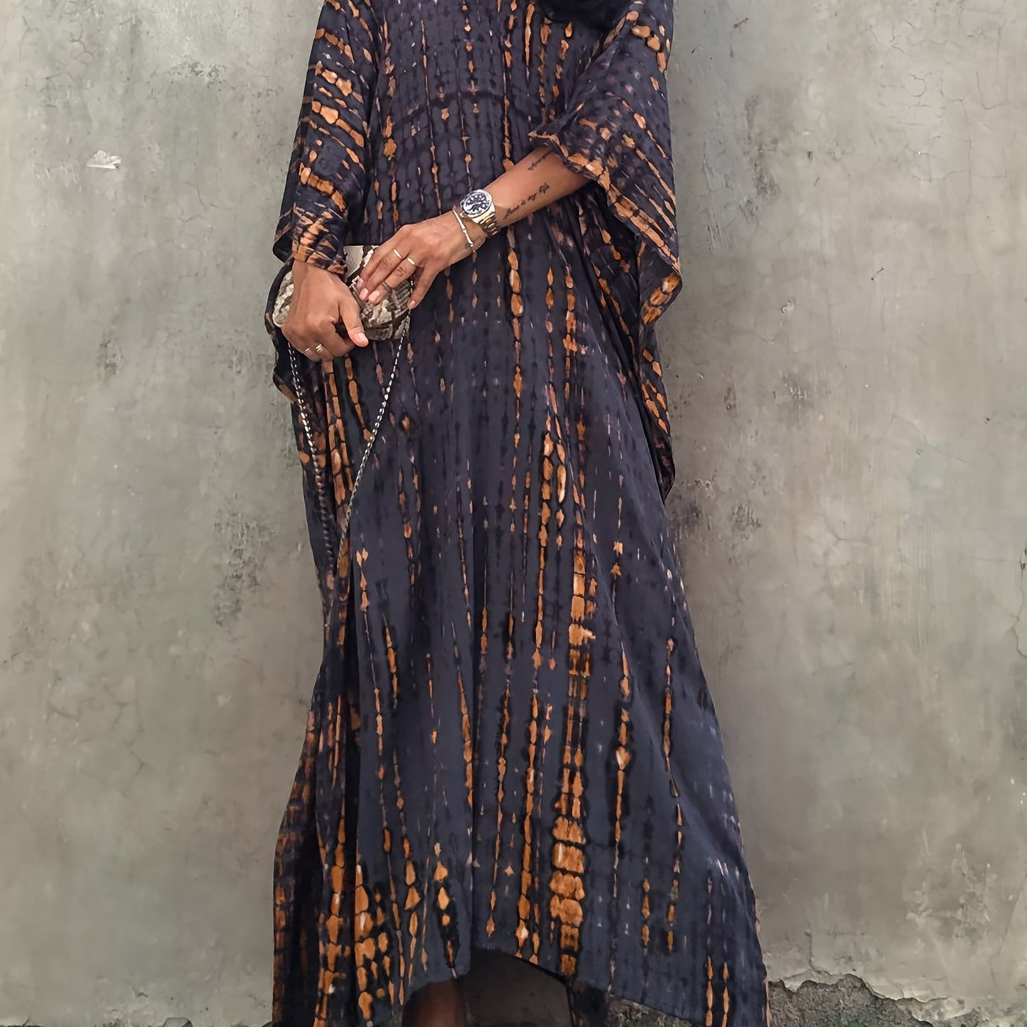 Plus Size Tie Dye Pattern Kaftan Abaya, Casual V Neck Batwing Sleeve Slit Dress, Women's Plus Size Clothing
