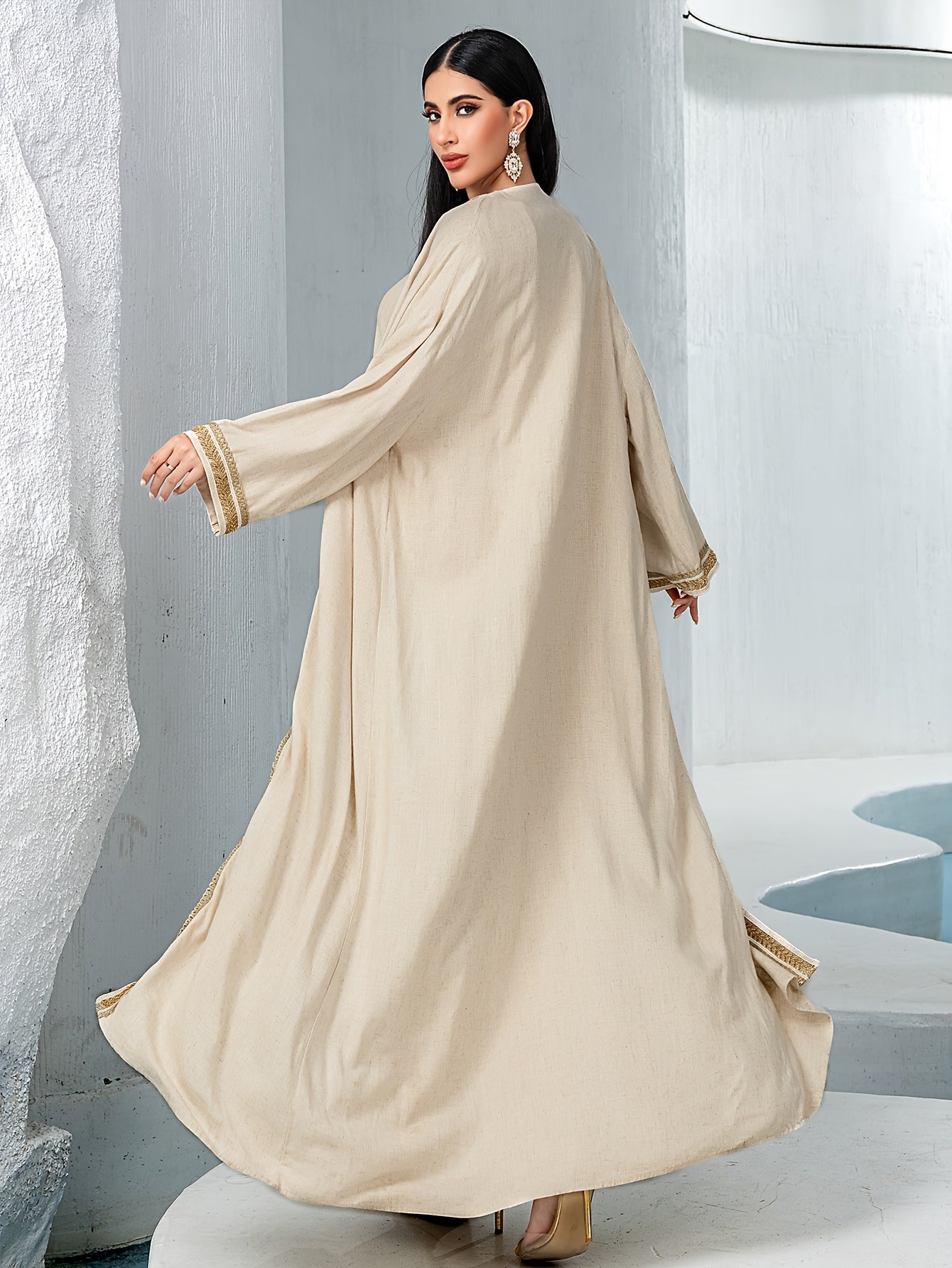 2pcs Traditional Style Beige Hand-Embroidered Rhinestone with Woven Belt, Polyester Long Emirati Abaya Gown Set, Solid Color, Non-Stretch Fabric, Long Sleeve, Regular Fit, All-Season