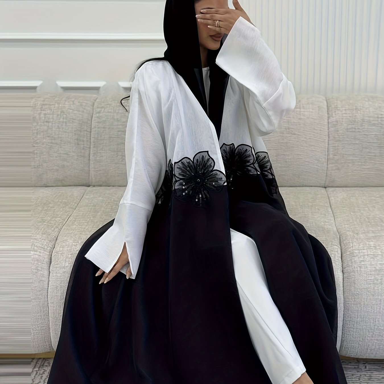 Elegant Modest Muslim Women's Abaya Robe with 3D Beaded Appliqués - Chic Open Front, Long Sleeve, High-Quality Fabric, Dark Blue & White Color Block, Loose Fit for All Seasons, Muslim Dress