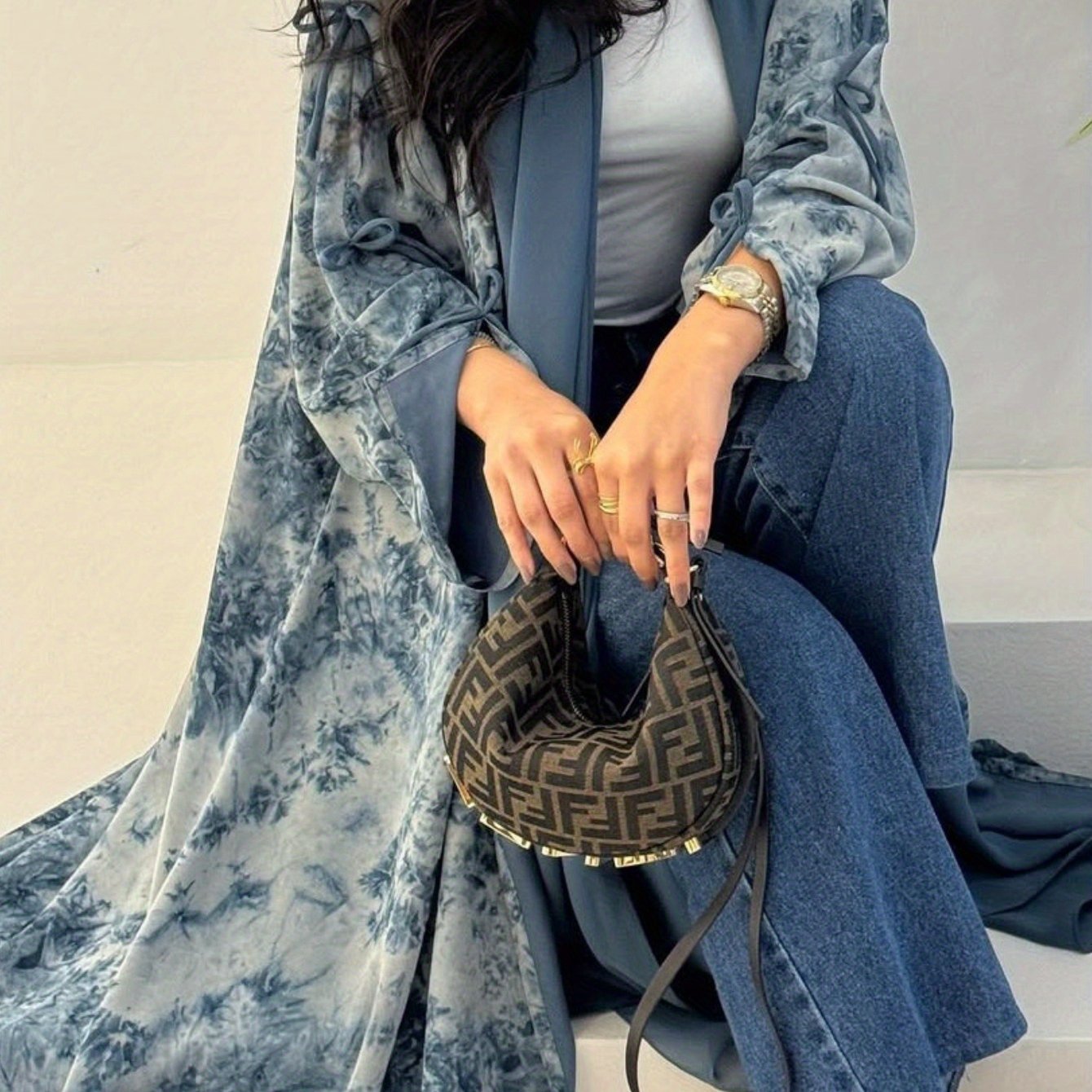 Stylish Women's Muslim Chiffon Print Summer Casual Emirati Abaya with Headscarf