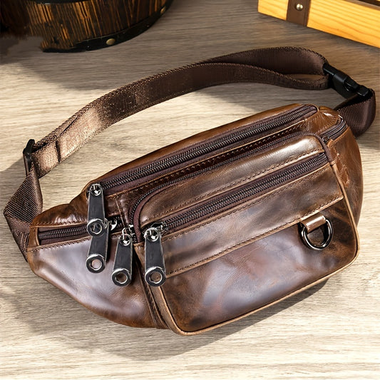 Men's Genuine Leather Multi-Pocket Belt Bag - Brown Top Layer Cowhide, Adjustable Strap, Zipper & Buckle Closure