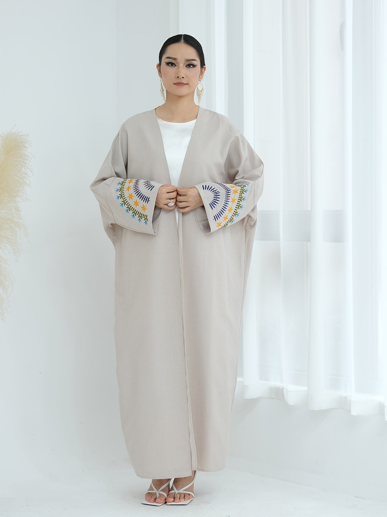 Elegant Beige Kimono Abaya - Open Front Linen-Look Polyester Dress for Women, Long Sleeve with Contrast Trim, All-Season Islamic Wear (Sizes S to XXL), Modest Clothing