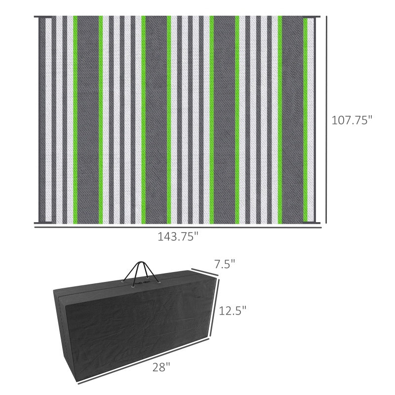9'x12' Reversible Waterproof Outdoor Medium Rug - Durable Plastic Straw Portable RV Camping Mat with Carry Bag, Green & Gray Striped Floor Carpet for Backyard, Deck, Beach