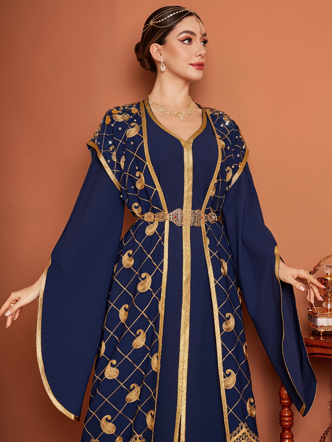 Elegant Long Sleeve Abaya Gown Dress | Women's Middle Eastern-Inspired Navy Blue & Golden Lace Trim - Lightweight 100% Polyester, Belted Waist, Hand Wash Only, Spring/Summer Casual to Formal Wear