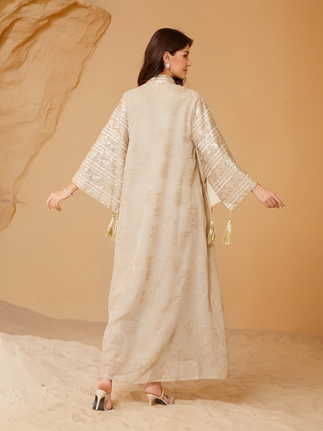 Oriental Middle Eastern Muslim Eid New Style Dress Women's Abaya V-Neck Regular Fashion Slit Sleeve Mesh Embroidery Beaded Craft Evening Gown Jalabiya Turkish Evening Wear Abaya