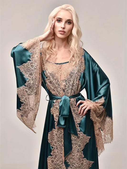 2pcs Satin Lace Kimono Abaya | Women's Bridal Robe On Wedding Day Light Long Lace Home Dress Pajamas