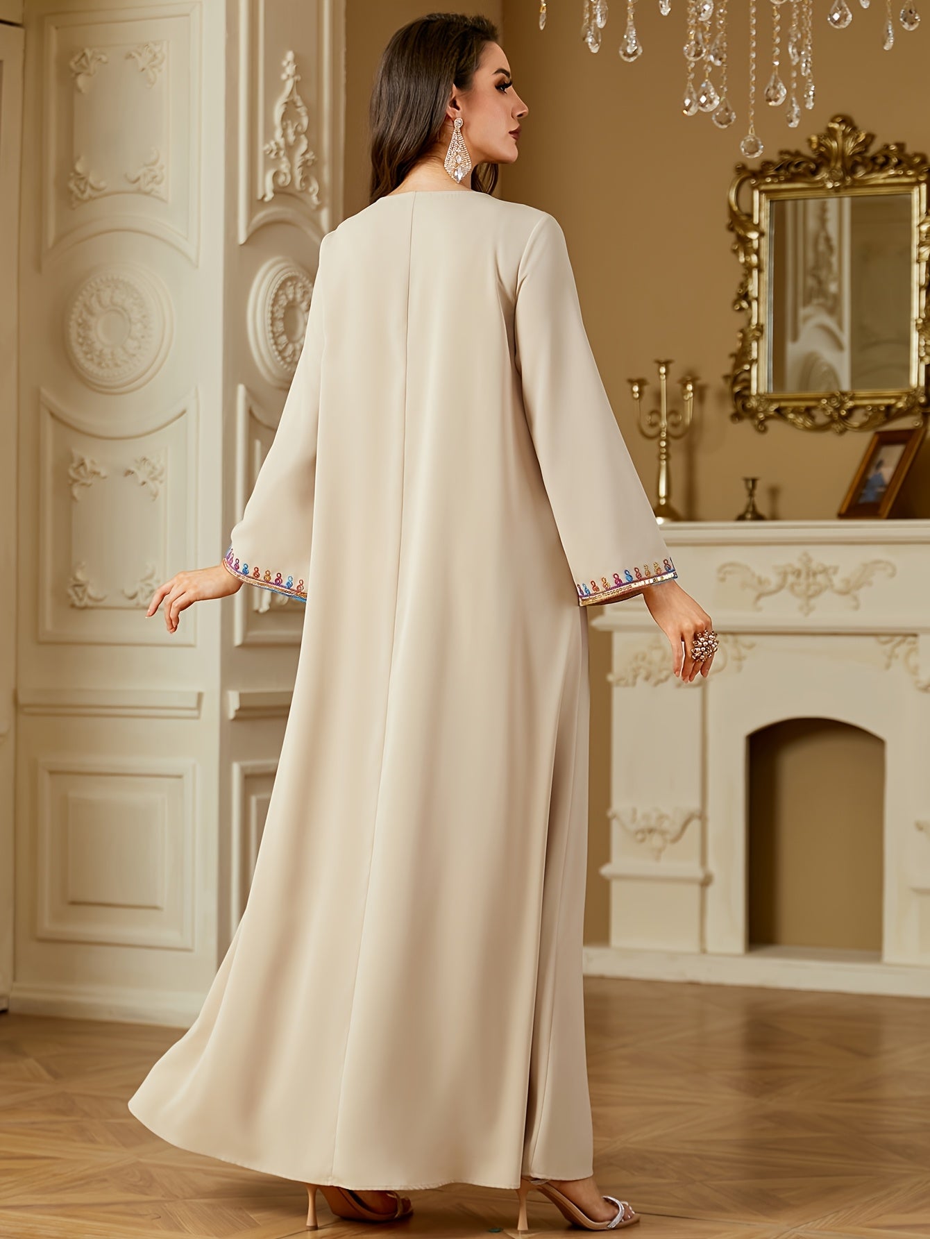 Elegant V-Neck Long Sleeve Kaftan Abaya with Sequin Detail - Polyester, Non-Stretch, Regular Fit for All Seasons