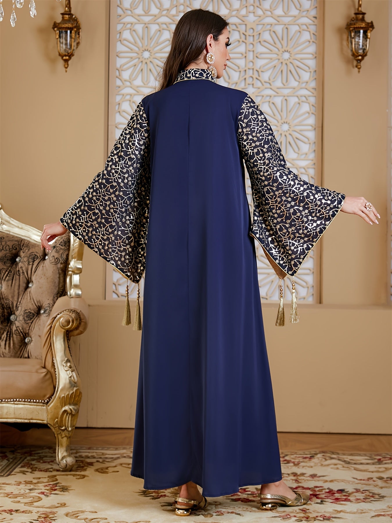 Elegant Muslim Kaftan Abaya Evening Dress with Floral Embroidery & Tassel Flare Sleeves - Navy Blue Maxi Abaya for Women, Middle Eastern-Inspired Traditional Gown, Hand Wash/Dry Clean