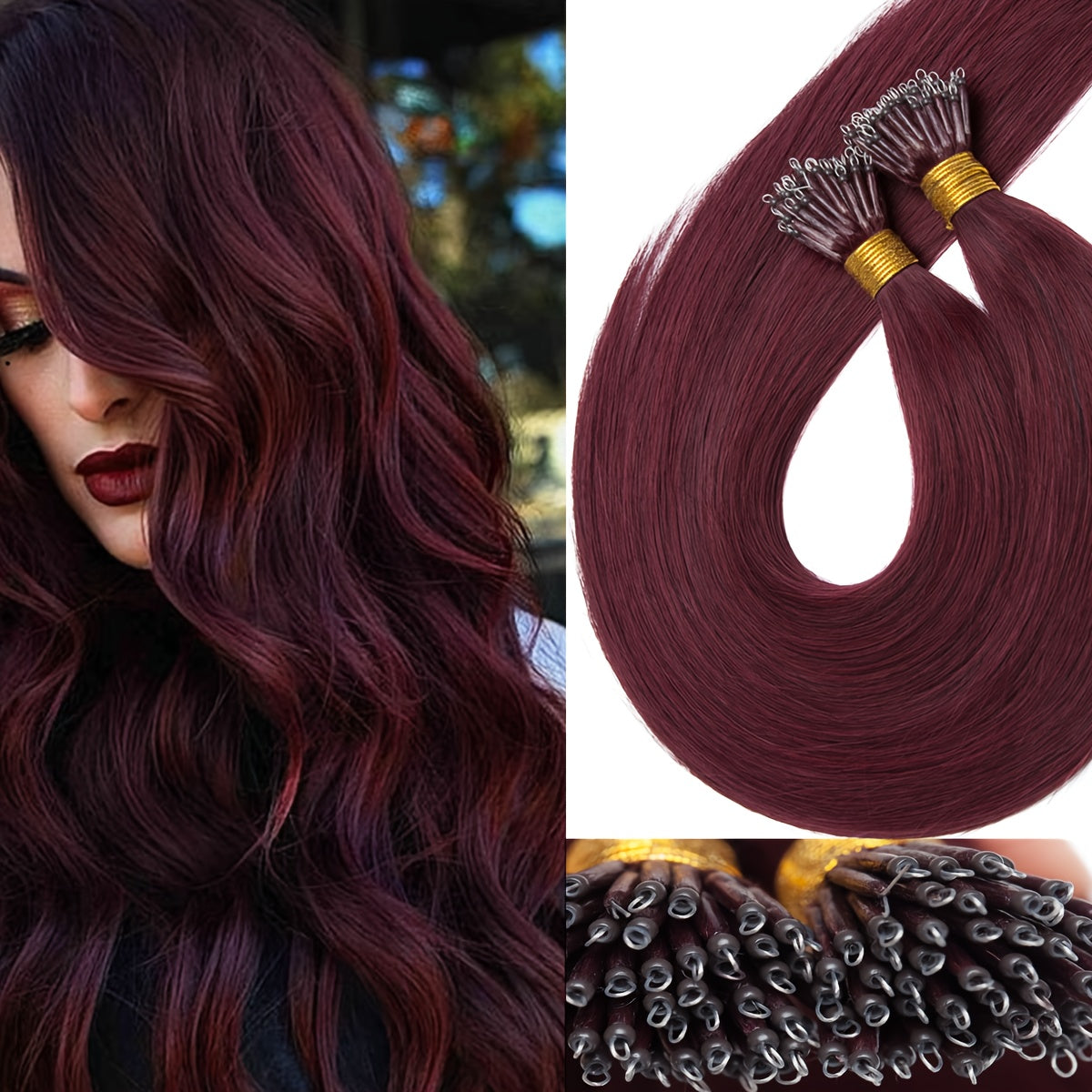100% Human Hair Extensions - 50 Strands Nano Rings, Thick, Smooth, Remy Hair