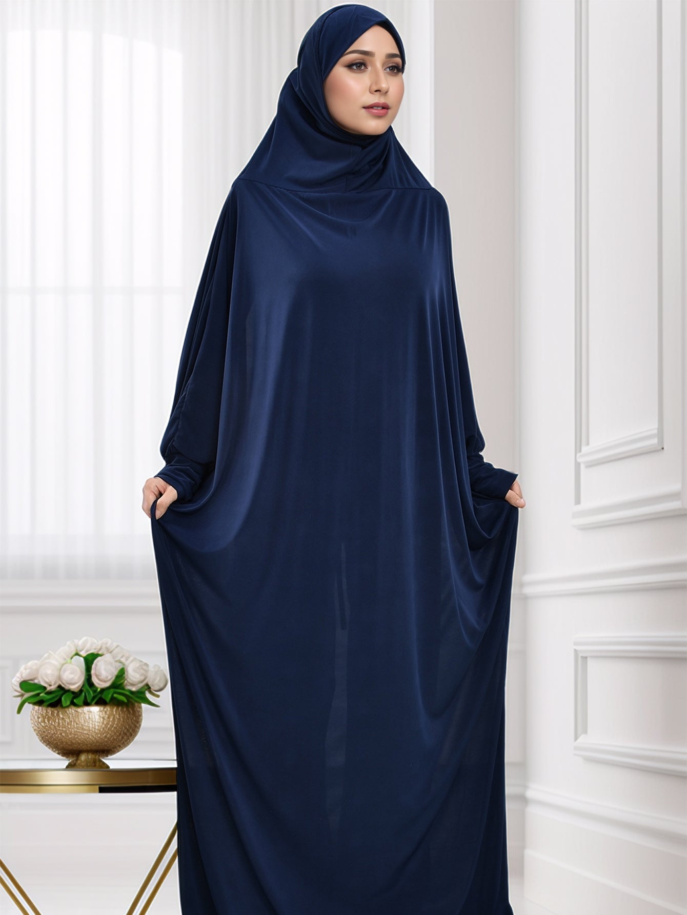 Muslim Women's Elegant Navy Blue Arab Abaya Burqa with Large Headscarf - Full-Body Coverage Long Sleeve Islamic Dress for Ramadan, Eid al-Fitr & Daily Wear - Modest Traditional Clothing