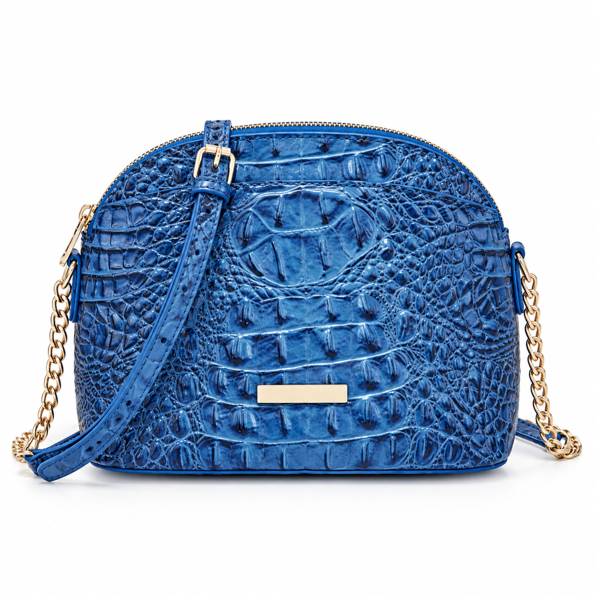 Blue Crocodile Embossed Dome Crossbody Bag