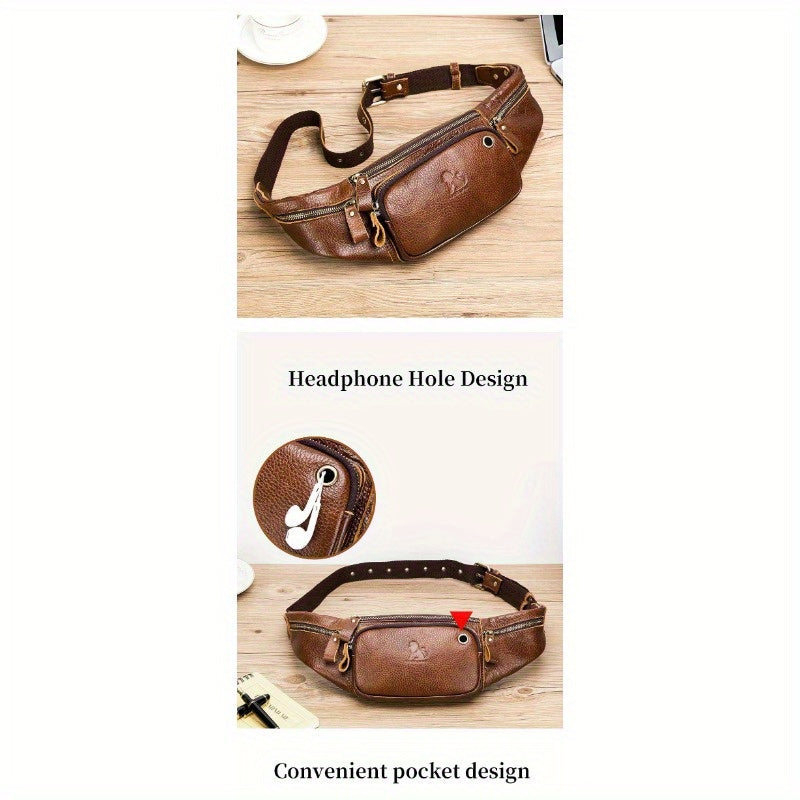Real Leather Men's Messenger Sling Bag, Cowhide Chest Bag, Sporty And Casual Style, Top layer Cowhide Cash Bag, Trendy Men's Waist Bag