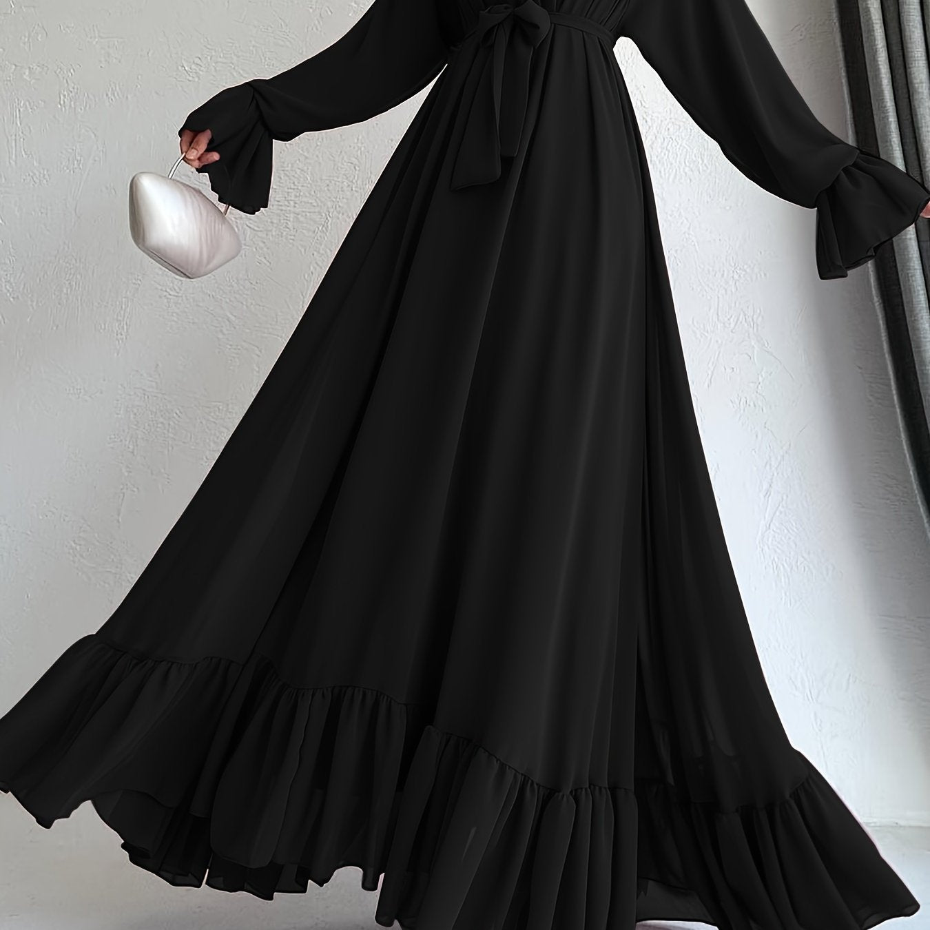 Stunning Solid Color Belted Peplum Maxi Dress - Elegant Palestinian Abaya for Women with Long Sleeves, Pleated Design, and Flattering Silhouette for Spring and Fall Seasons - Chic and Modest Clothing