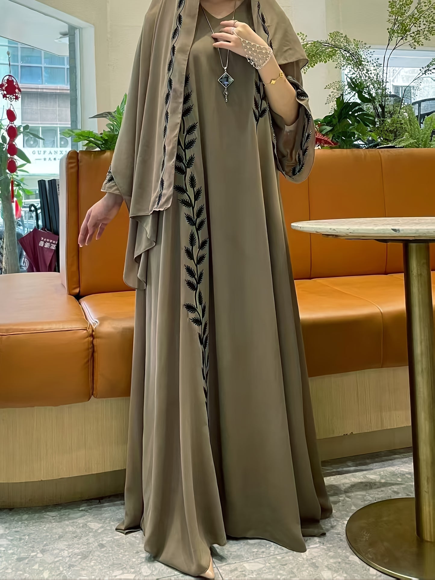 2pcs Set Middle Eastern Ethnic Clothing Fashion Street Chiffon V-neck Embroidery Long Floor-length Arabic Abaya For Women With Headscarf