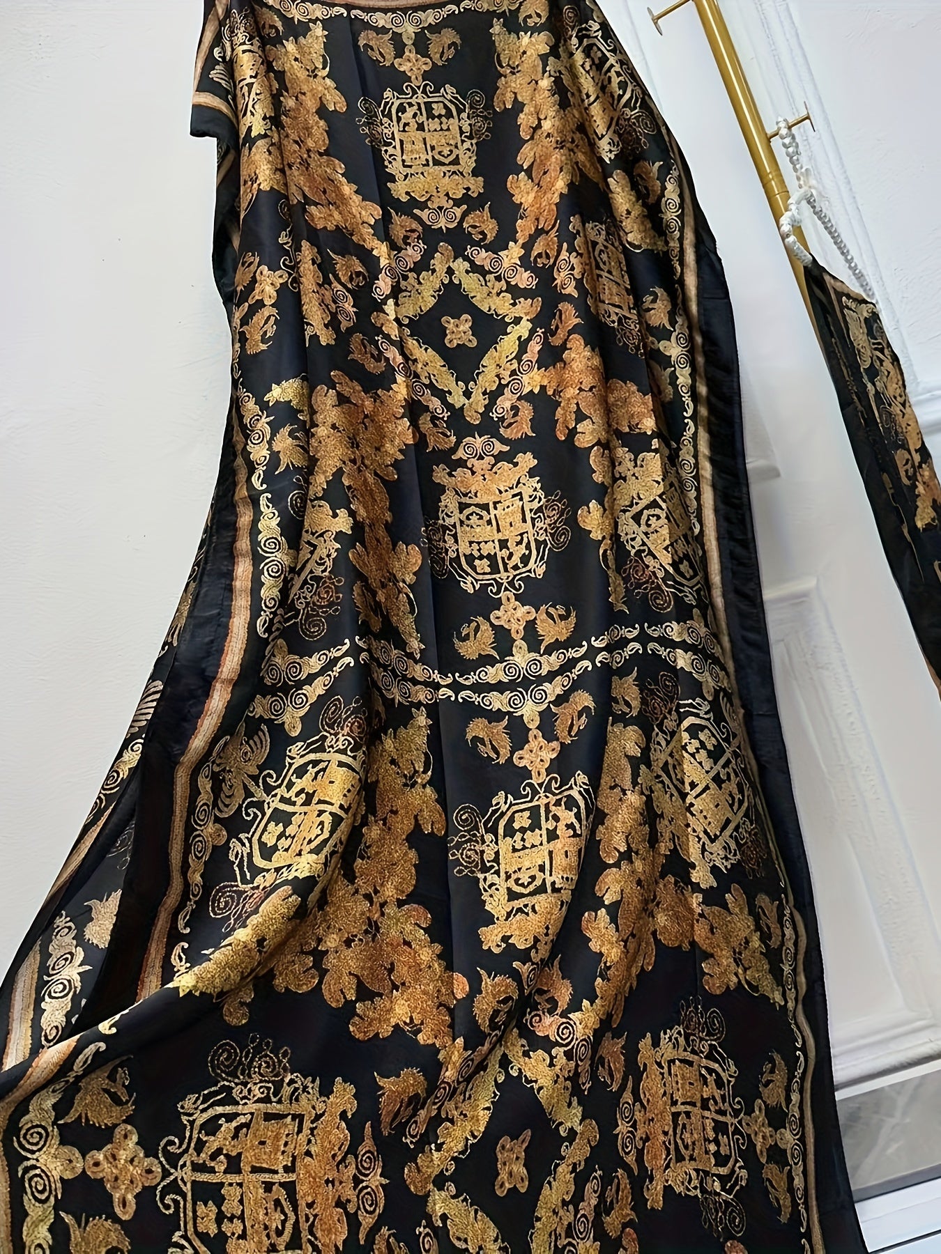 Lightweight Polyester Women's Kaftan Abaya Dress | Golden Floral Print Batwing Sleeve Loose Fit Maxi Dress, Middle Eastern-Inspired Spring Summer Fall Casual to Formal Wear with Scarf