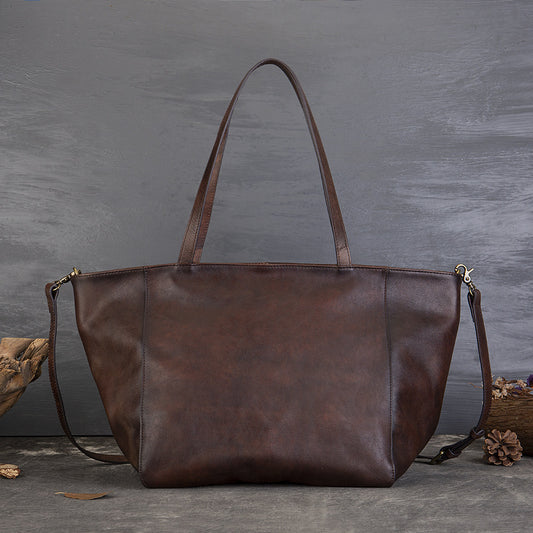 Tanned Cowhide Large Capacity Tote Bag, Genuine Leather One-Shoulder Cross-Span Bag Women's Large Bag Shopping Bag
