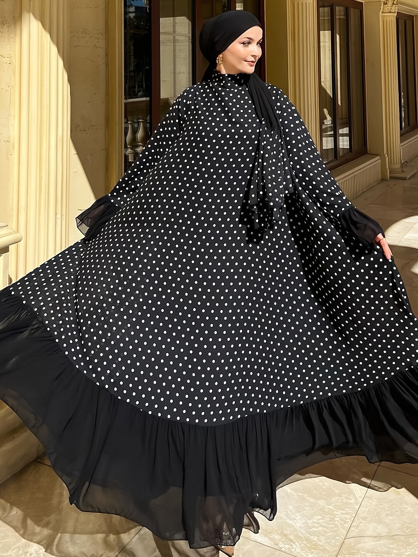 Middle Eastern Inspired Baju Abaya Dress With Polyester And Spandex, Dot Pattern, Machine Washable, All-Season