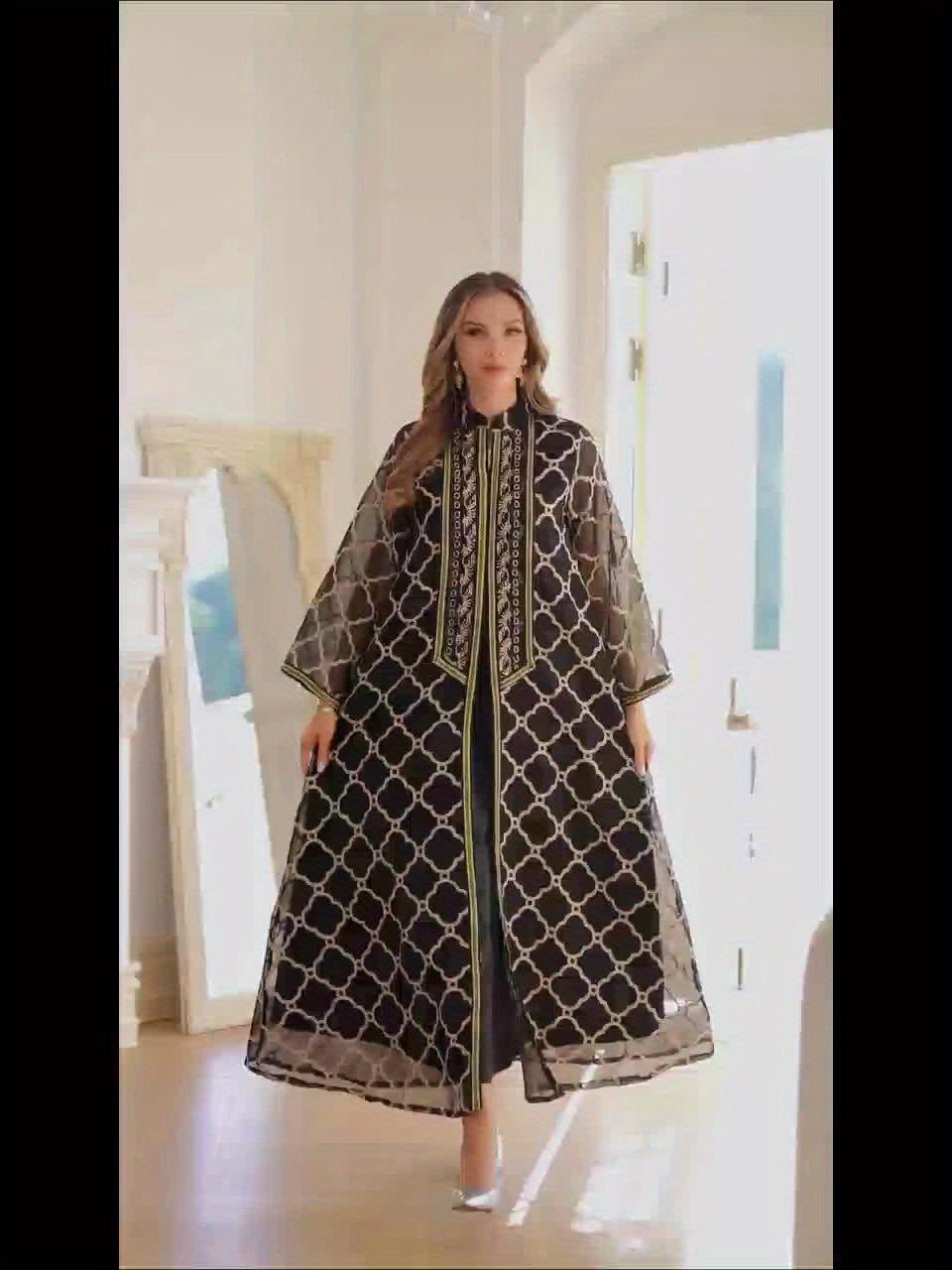 Elegant Black & White Geometric Sequin Embroidered Abaya - Long Sleeve Maxi Dress with Belt, Middle East Dubai Style Evening Gown for Women, Handmade Luxury Robe for Formal Occasions