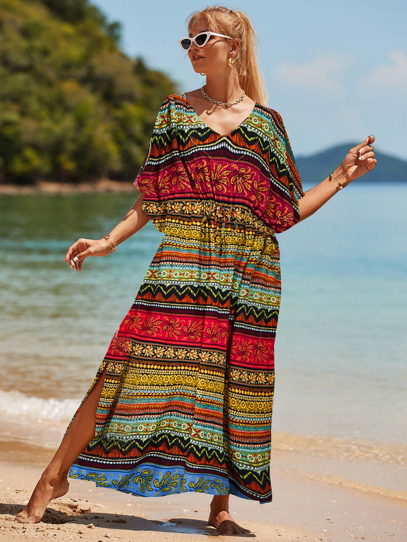 Boho Chic Arabic Dress - Monochrome Stripe Swimsuit Cover Up, Long Split Side Kaftan with V-Neck for Beach Wedding & Vacation