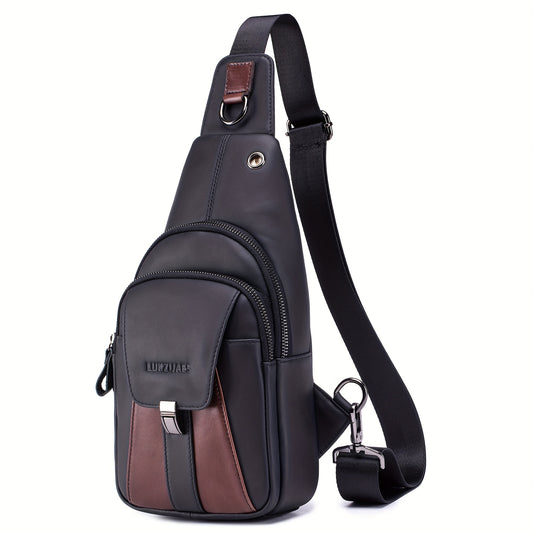 Genuine Leather Sling Bag for Men & Women - Vintage Contrast Color Crossbody Chest Pack with Adjustable 48" Strap