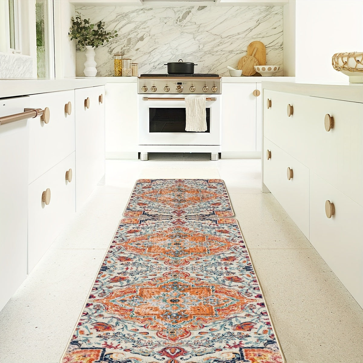 2pcs/set Flowers Bohemia Kitchen Mats, Daily Boho Home Decor Low-Profile Kitchen Rugs For Floor - 17x29 Inches And 17x47 Inches