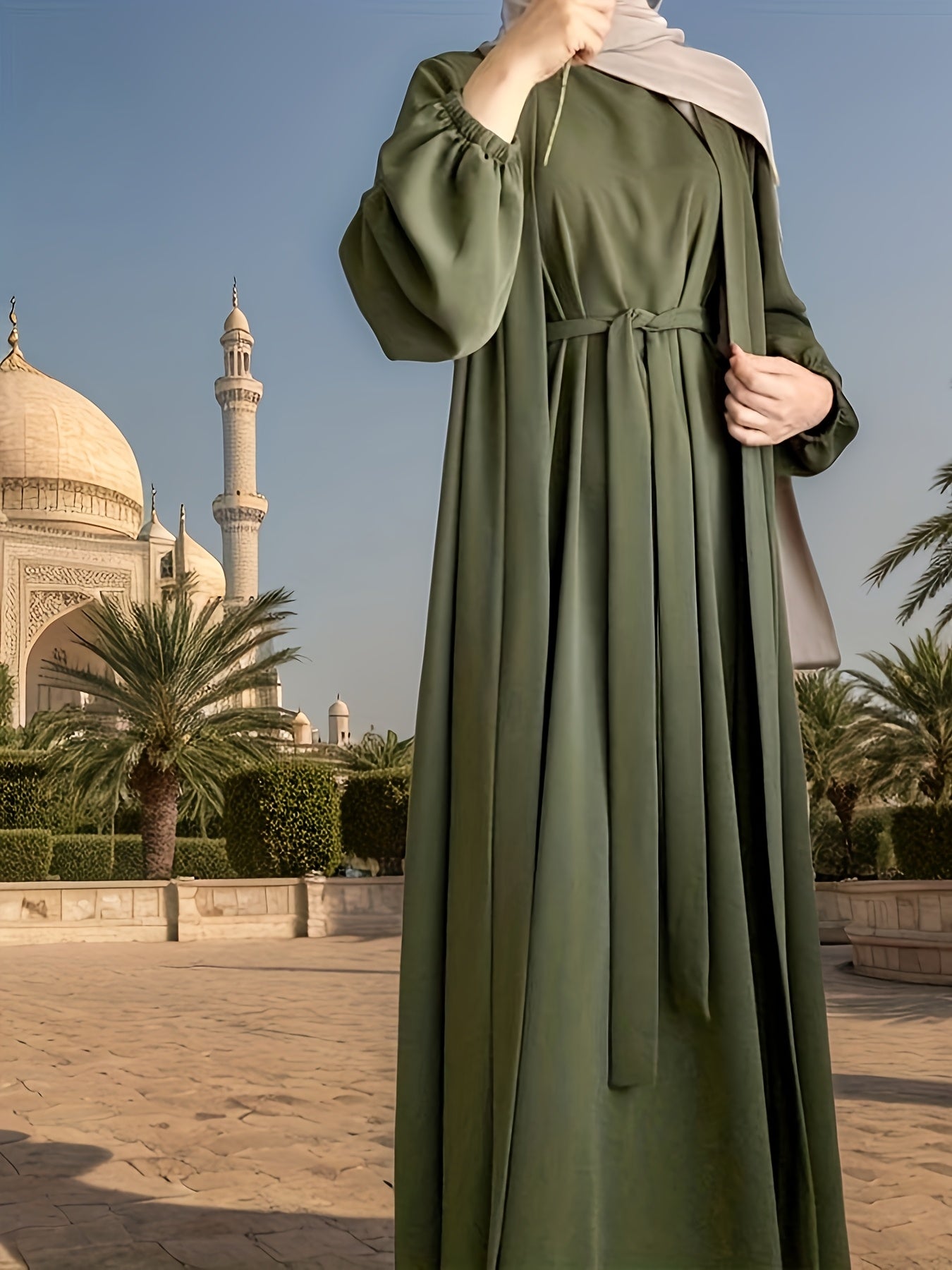 3pcs Elegant Open Arabic Abaya & Pocket Belt Abaya Set - Solid Color, Stretchy Polyester, Breathable for Spring/Summer - Ideal for Ramadan & Muslim Women, Lightweight Islamic Kaftan Dresse