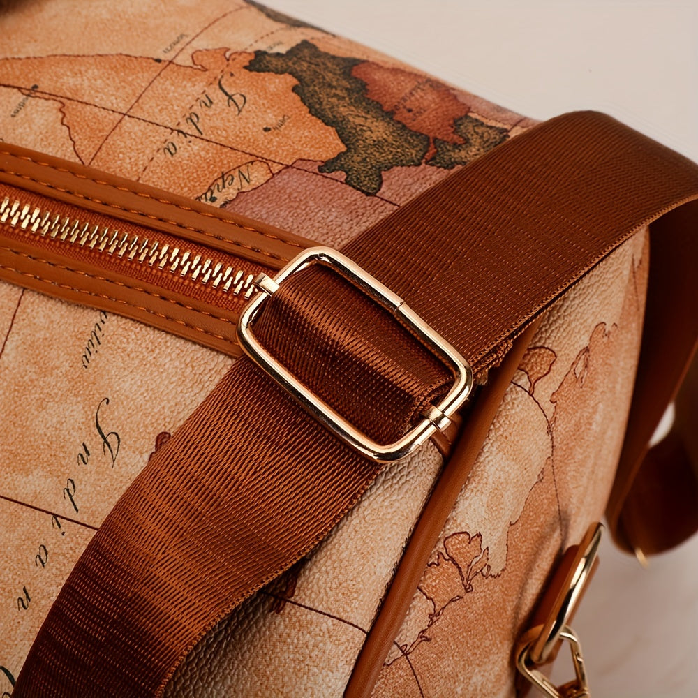 Vintage Leather Map Design Travel Duffel Bag, Large Capacity Luggage with Zipper Closure, Polyester Lined, Edge Painted - Hand Wash/Dry Clean Only, Secure Storage Bag | Retro Style Suitcase | Bag, Luggage for Travel