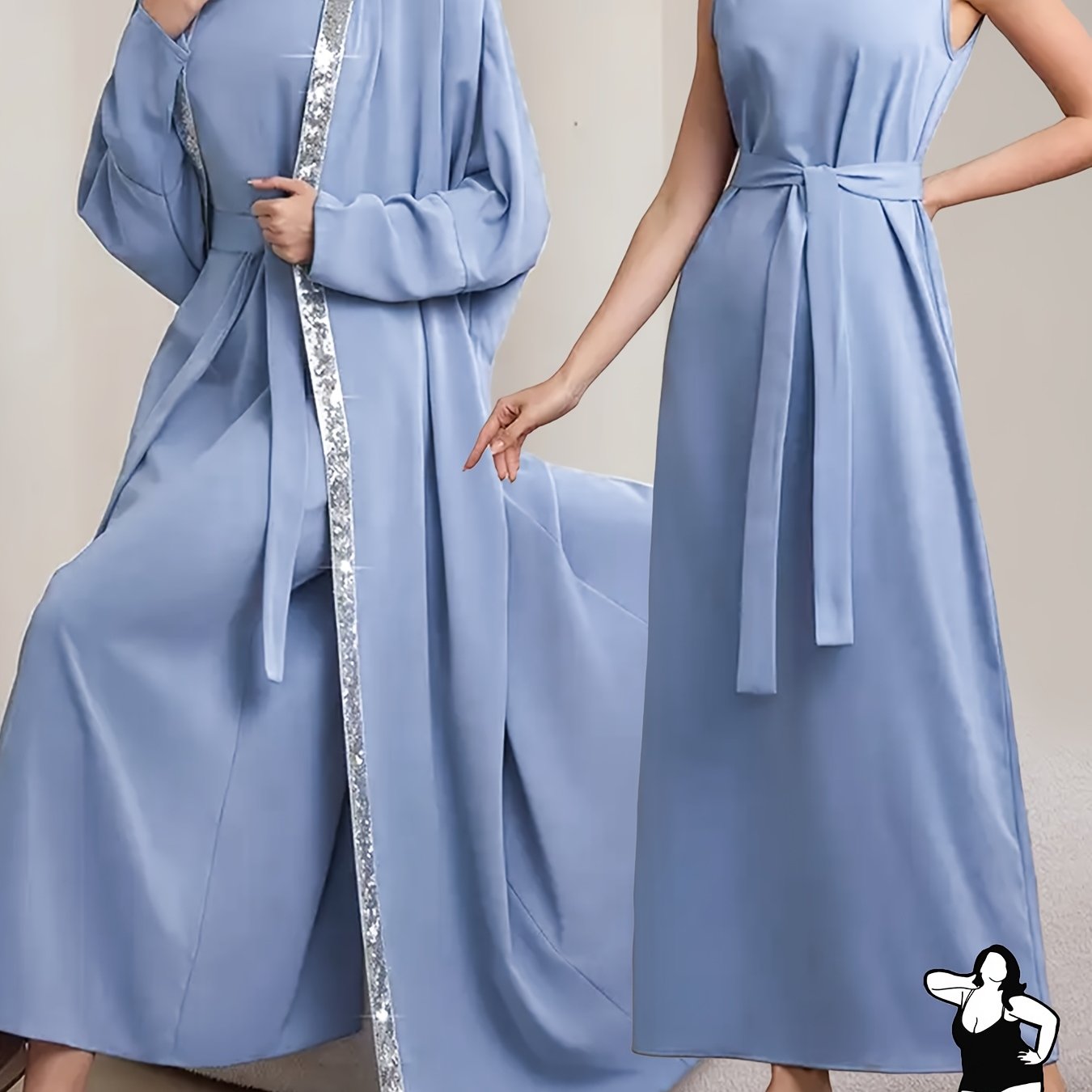 Elegant Light Blue Abaya Robe with Batwing Sleeves and Belt - Sheer Golden Accents, Flowing Design, Perfect for Ramadan and Formal Gatherings, Cultural Fashion, Elegant Attire