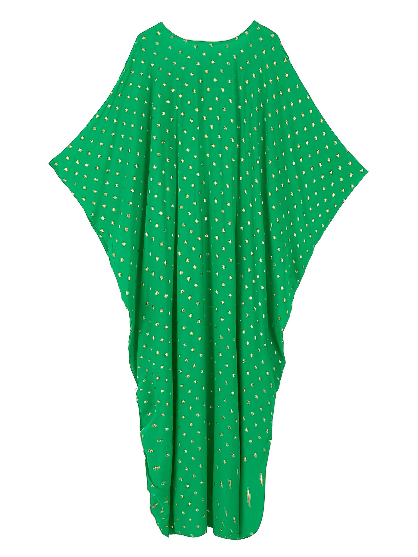 EDOLYNSA V-Neck Elegant Green Waist-Cinched Side-Draped Polka Dot Long Batwing Sleeve Dress, Middle Eastern Fashion Loose Cover-Up Kaftan Robe Q1804