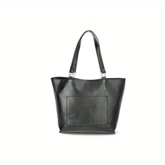 Women's Large Faux Leather Tote Bag - Sleek Black with Multiple Compartments, Sturdy Metal Hardware
