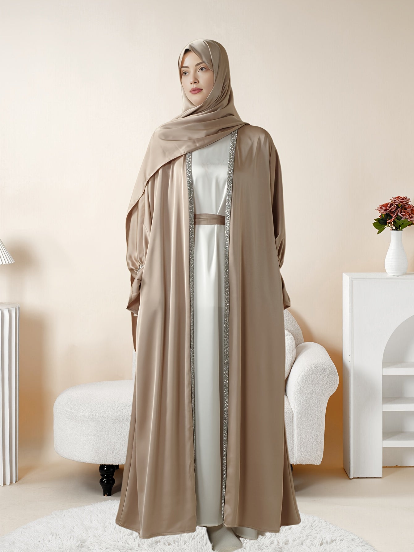 4pcs Set: Poet Sleeve Satin Abaya Eid al-Adha Abaya Muslim Women's Ramadan, Eid al-Fitr, Eid al-Adha, Mawlid, Prayer dress gown robe outfit long robe outfit comfortable soft breathable