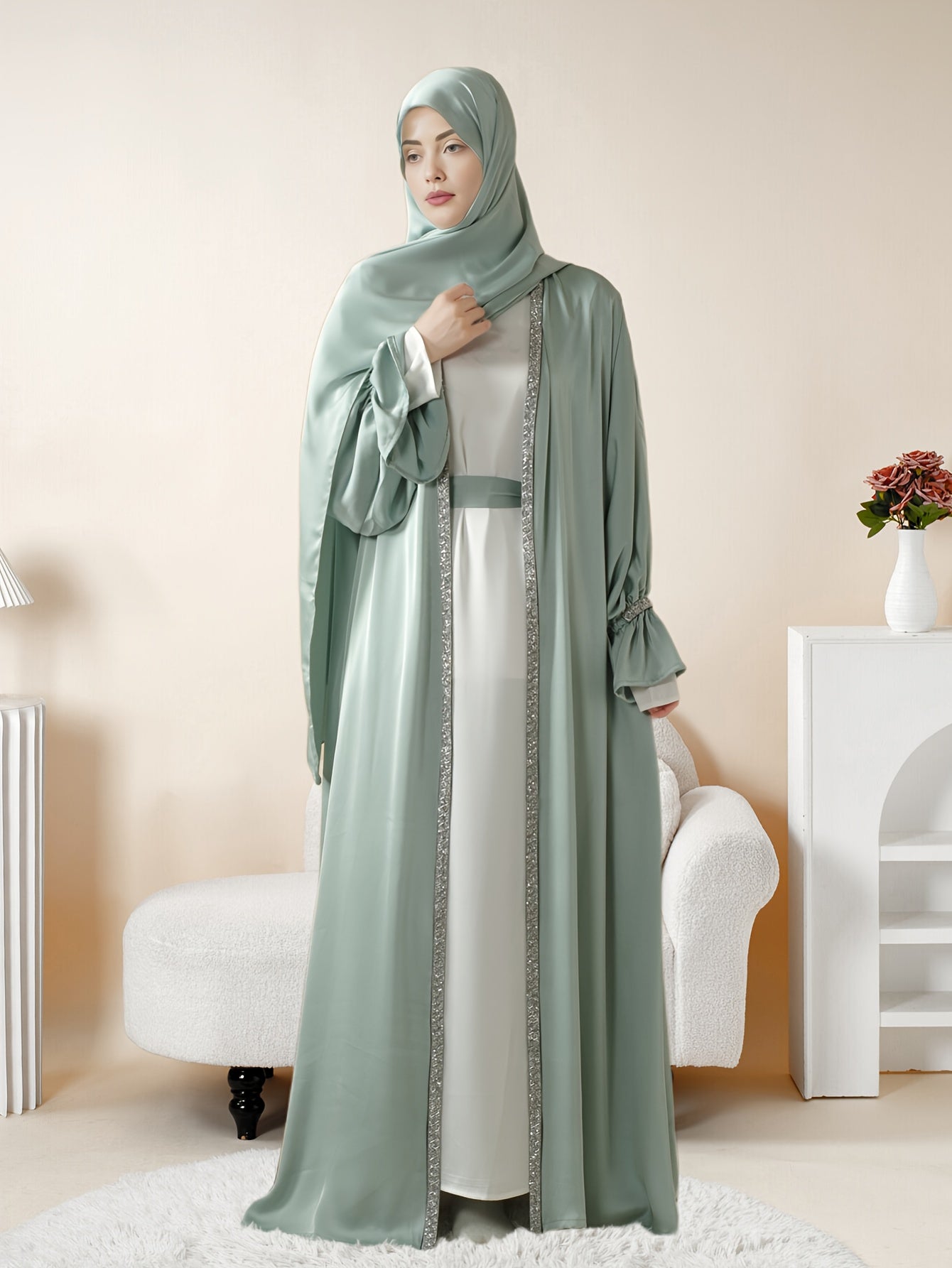 4pcs Set: Poet Sleeve Satin Abaya Eid al-Adha Abaya Muslim Women's Ramadan, Eid al-Fitr, Eid al-Adha, Mawlid, Prayer dress gown robe outfit long robe outfit comfortable soft breathable