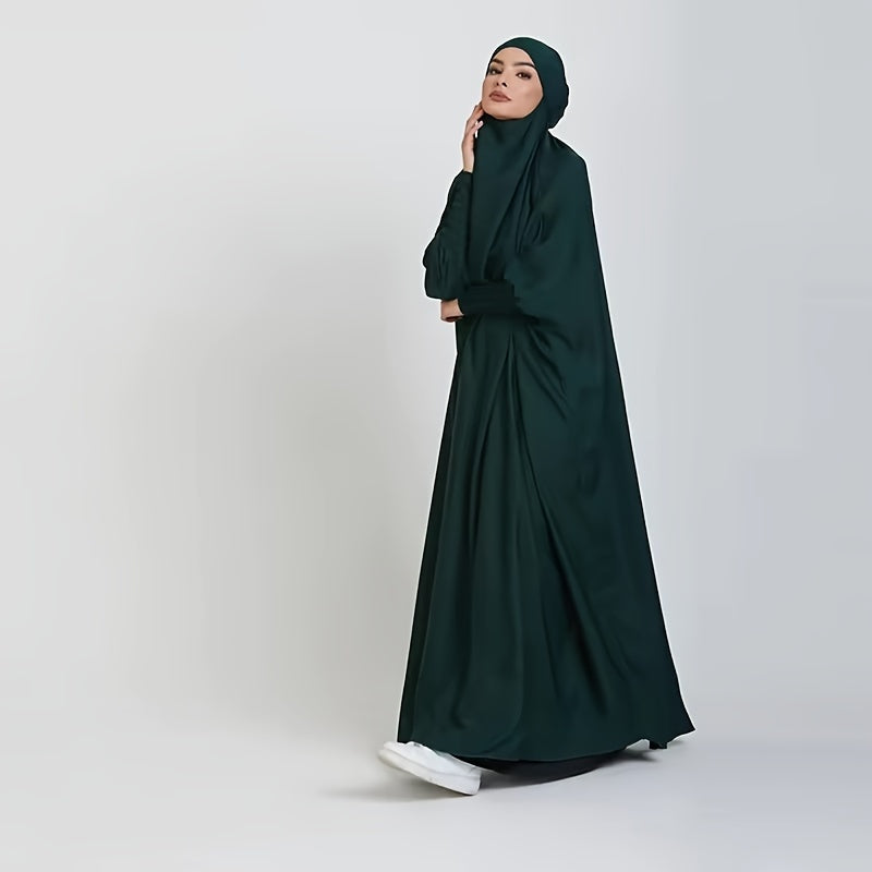 Long Sleeve Solid Color Jibab Abaya - Women's Traditional Arabian Polyester Robe with Tie Back, 95% Polyester 5% Elastane, 135g/m² - Muslim Nida Hijab Dress