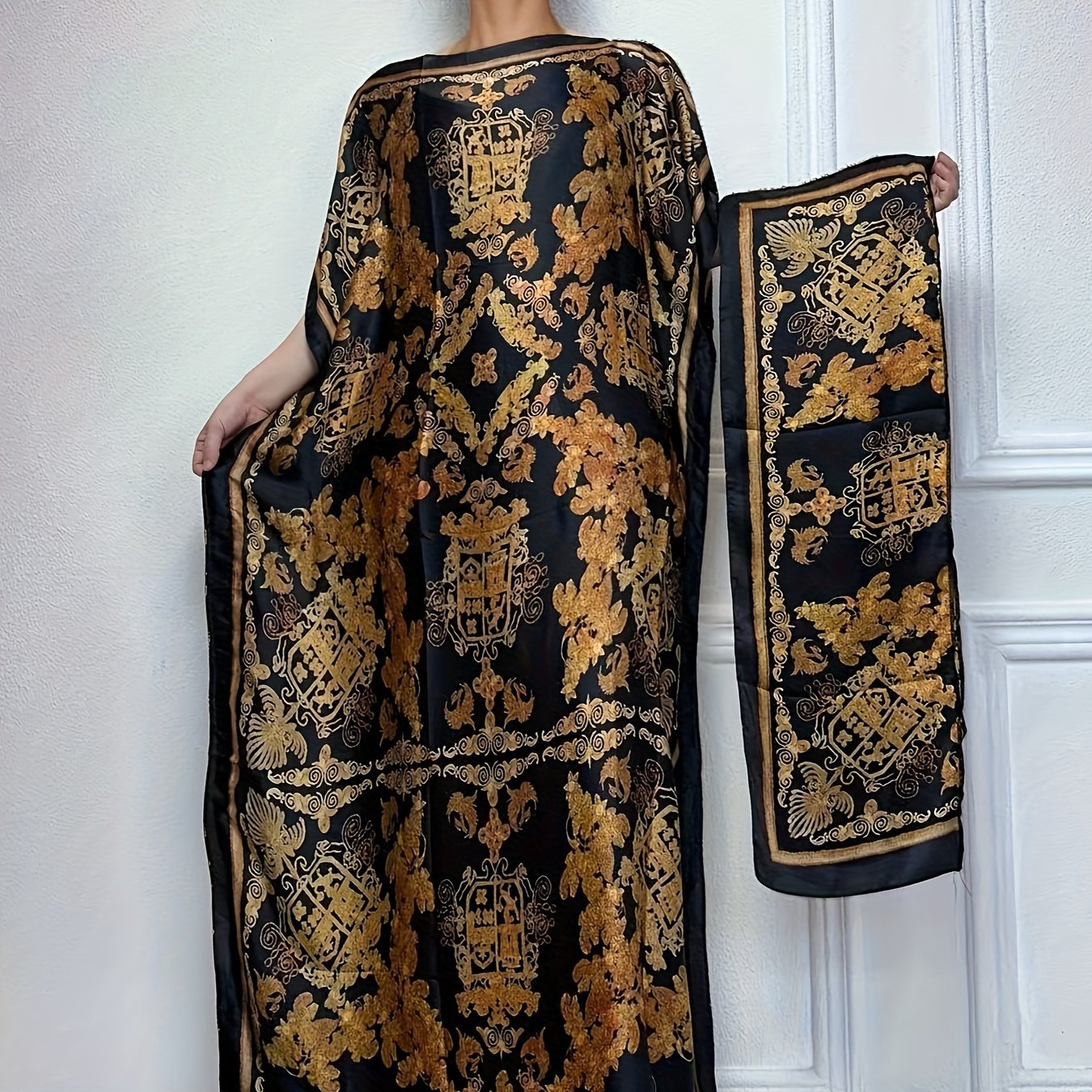 Lightweight Polyester Women's Kaftan Abaya Dress | Golden Floral Print Batwing Sleeve Loose Fit Maxi Dress, Middle Eastern-Inspired Spring Summer Fall Casual to Formal Wear with Scarf