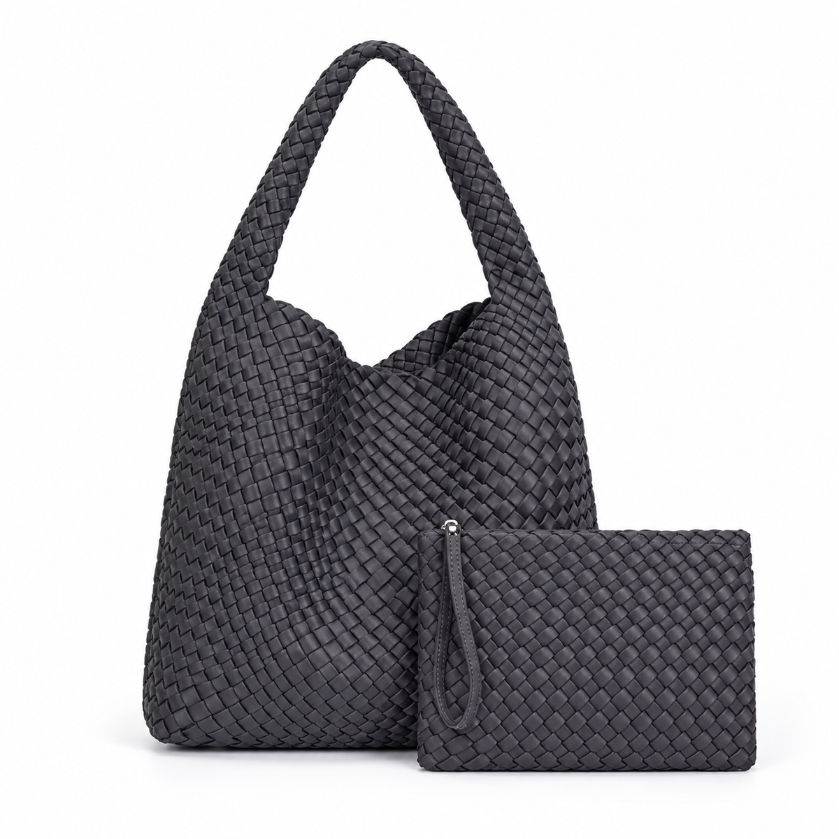 Charcoal Woven Hobo Bag With Pouch