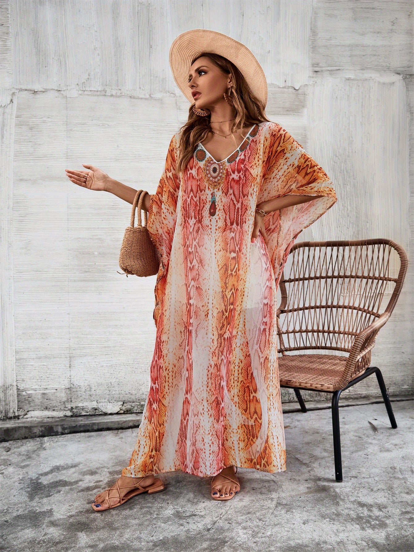 Plus Size Boho Beach Maxi Dress - Vibrant Print V-Neck Kaftan with Side Slits, Stretchy Lightweight Fabric, Short Sleeve Resort Wear for Seaside, Summer Parties & Casual Outings, Beach Dress, Seaside Event Attire, Flowy Fabric