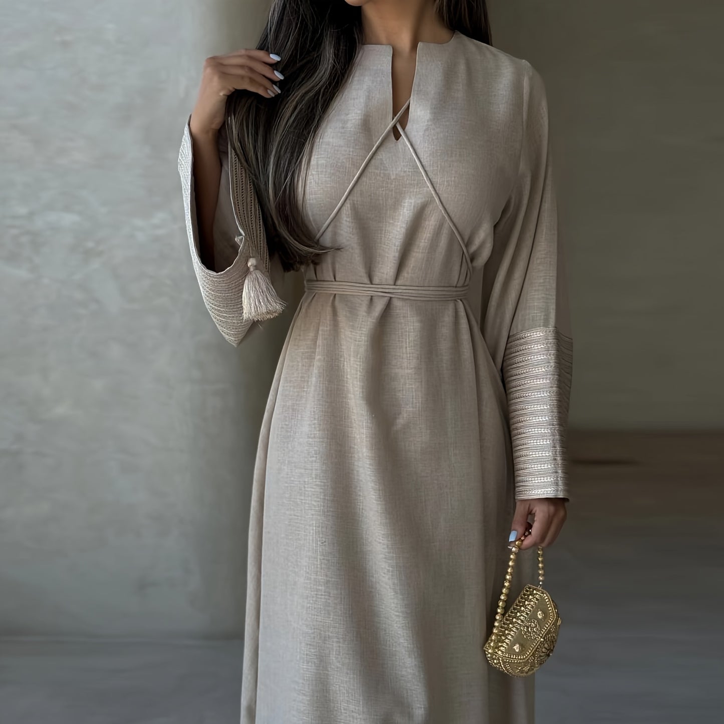 Women's Kaftan Dress Patchwork Floral Print Arabic Abaya Robe Long Sleeve Round Neck Loose Dress