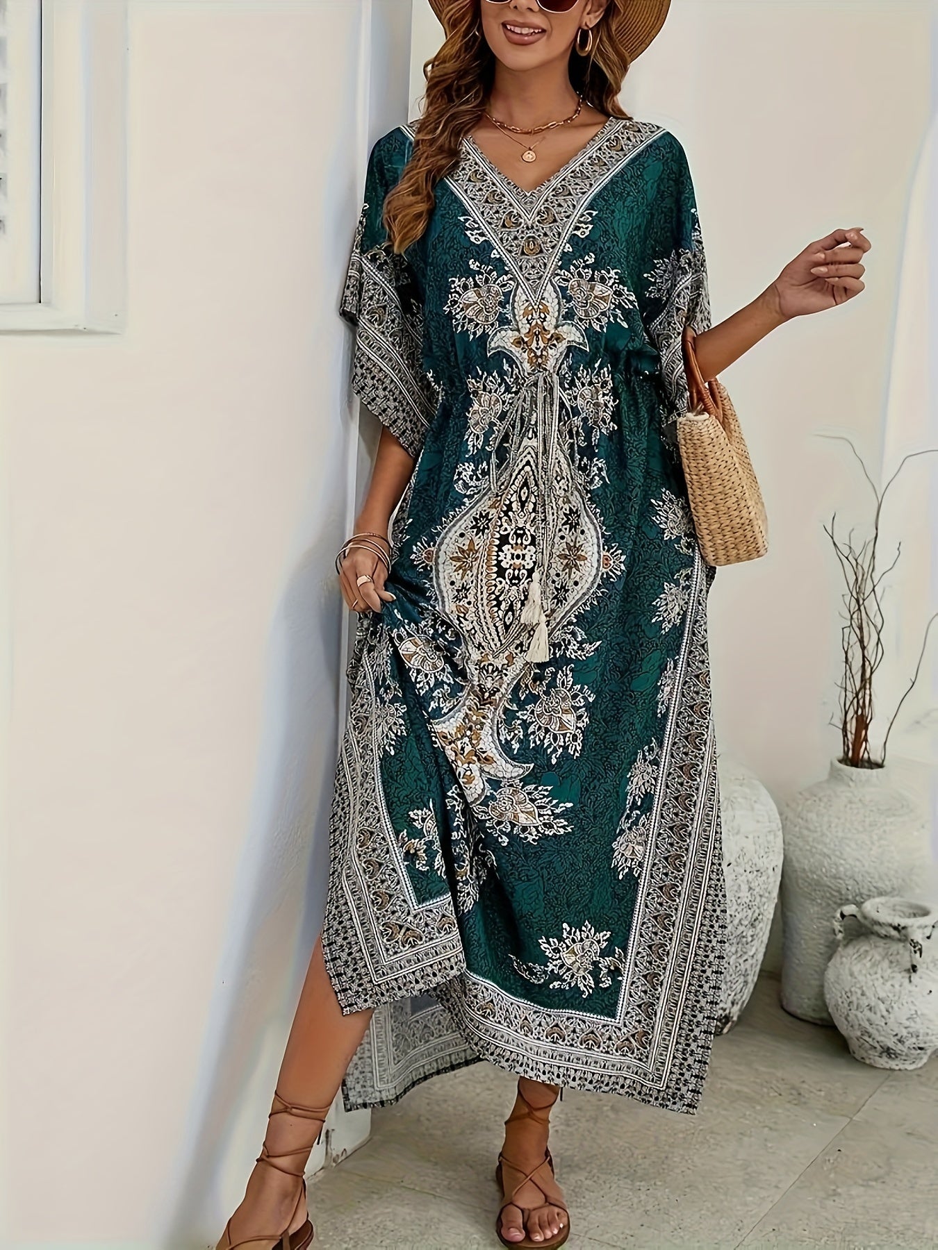 Women's Middle Eastern Muslim Kaftan Abaya, Loose V-Neck Beach Bohemian Party Dress